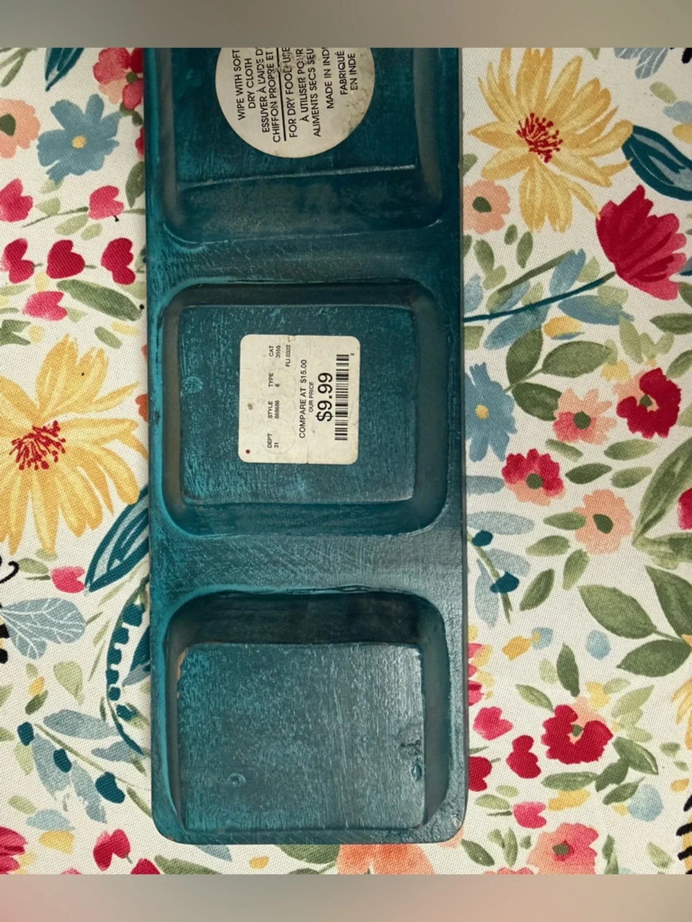 Teal Wooden 3-Compartment Serving Tray